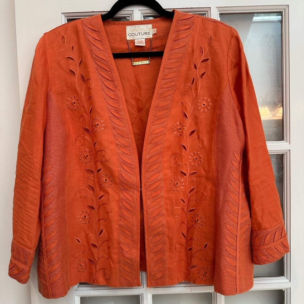 Lily & Taylor Couture 100% Linen Tangerine Orange Blazer Women’s Size 18 EUC!